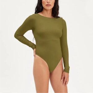 Girlfriend Collective Ava Bateau Thong Style Bodysuit Olive Long Sleeve size S